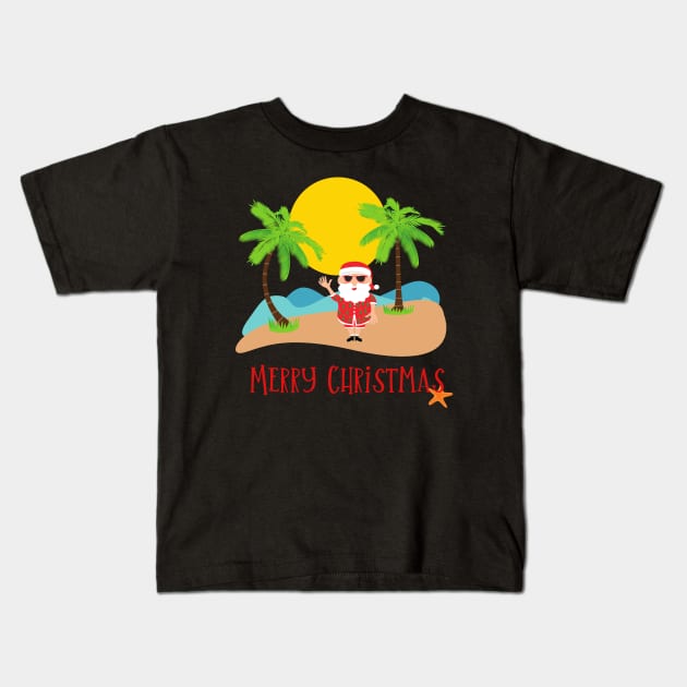 Merry Christmas Australian Beach Santa Kids T-Shirt by Artisan